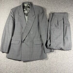 Towncraft Mens Gray Windowpane Double Breasted Suit 42R Pleated Pants 34X31